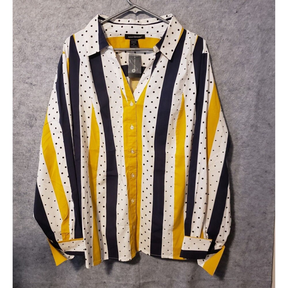 Ashley Stewart Blouse Women size 22  Dot Stripe Split Collar NEW Top Long Sleeve
